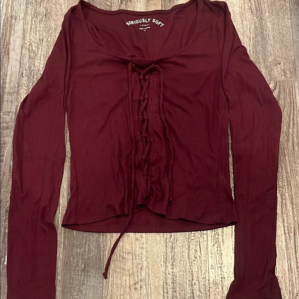 Aeropostale Maroon Lace-Up Long Sleeve Top